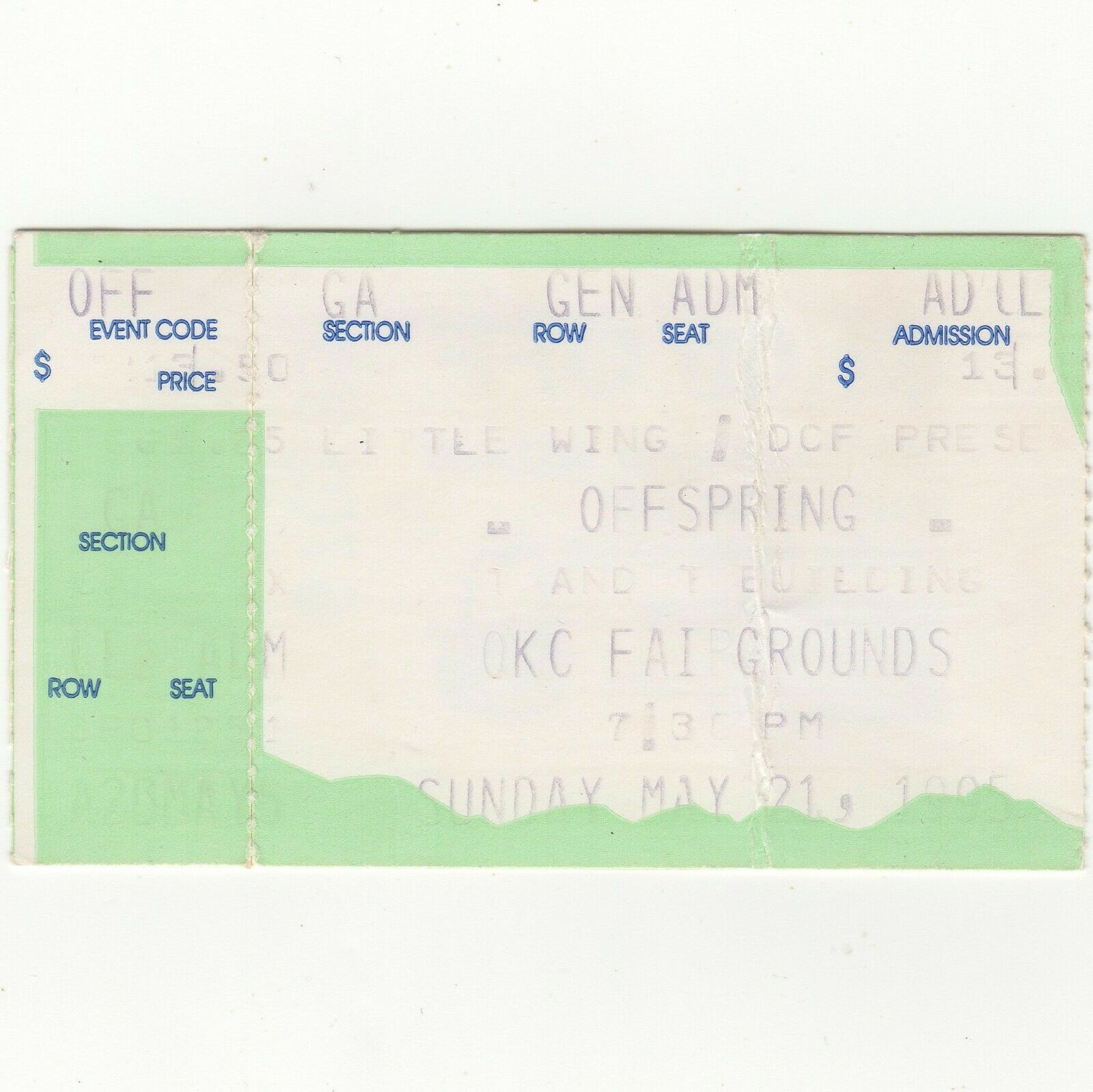 THE OFFSPRING & VANDALS Concert Ticket Stub OKLAHOMA CITY 5/21/95 TNT SMASH Tour