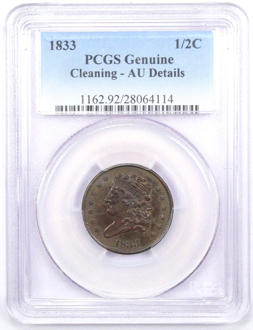 1833 Classic Head Half Cent 1/2C, PCGS AU Details Cleaned, About Uncirculated AU