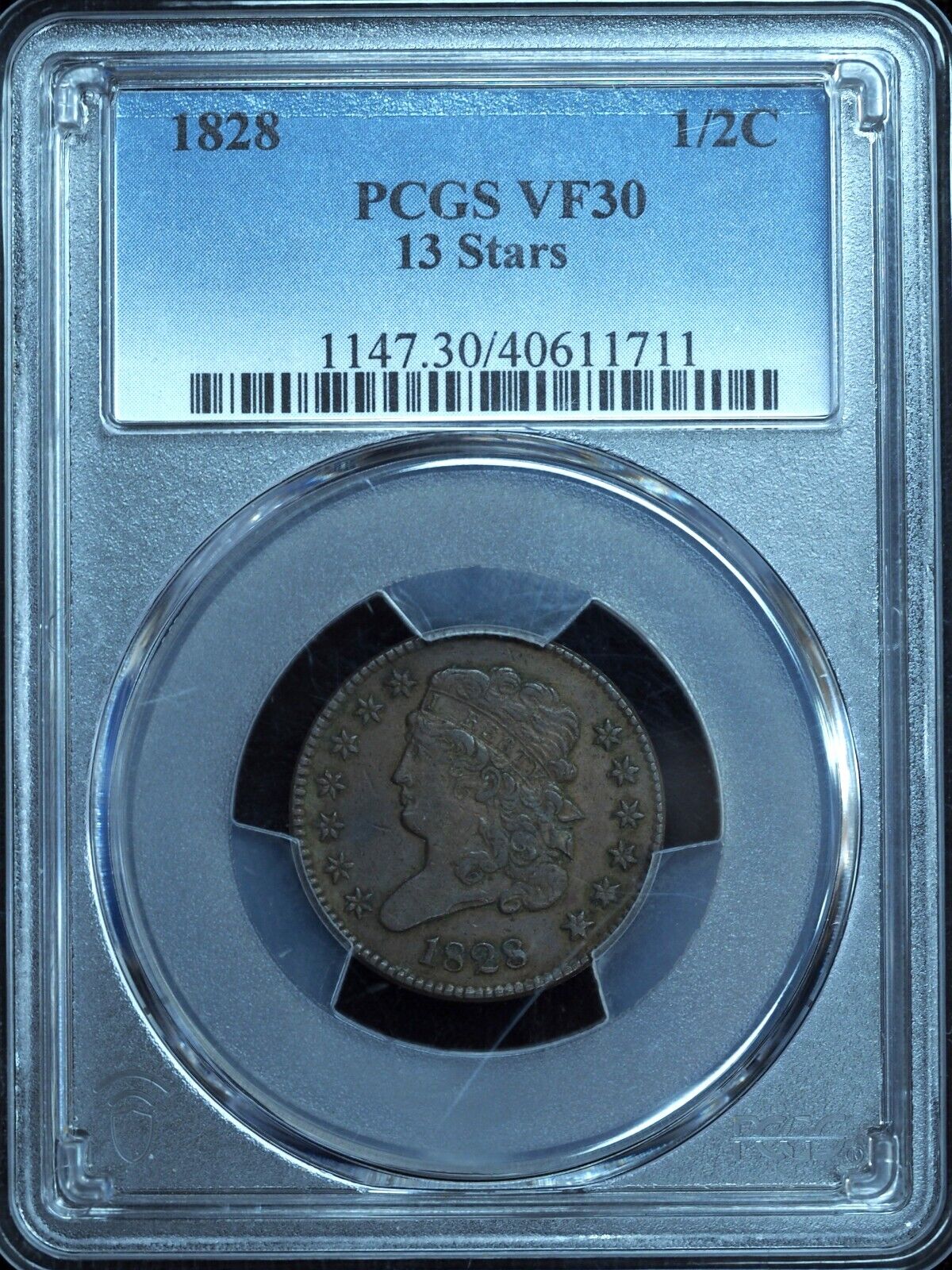 1828 Half Cent Classic Bust 13 Stars VF30 PCGS Certified!