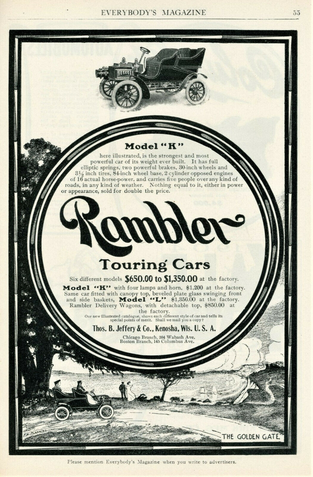 1904 Vtg Original Rambler Model K Ad. The Golden Gate + Yale And Columbia Ads