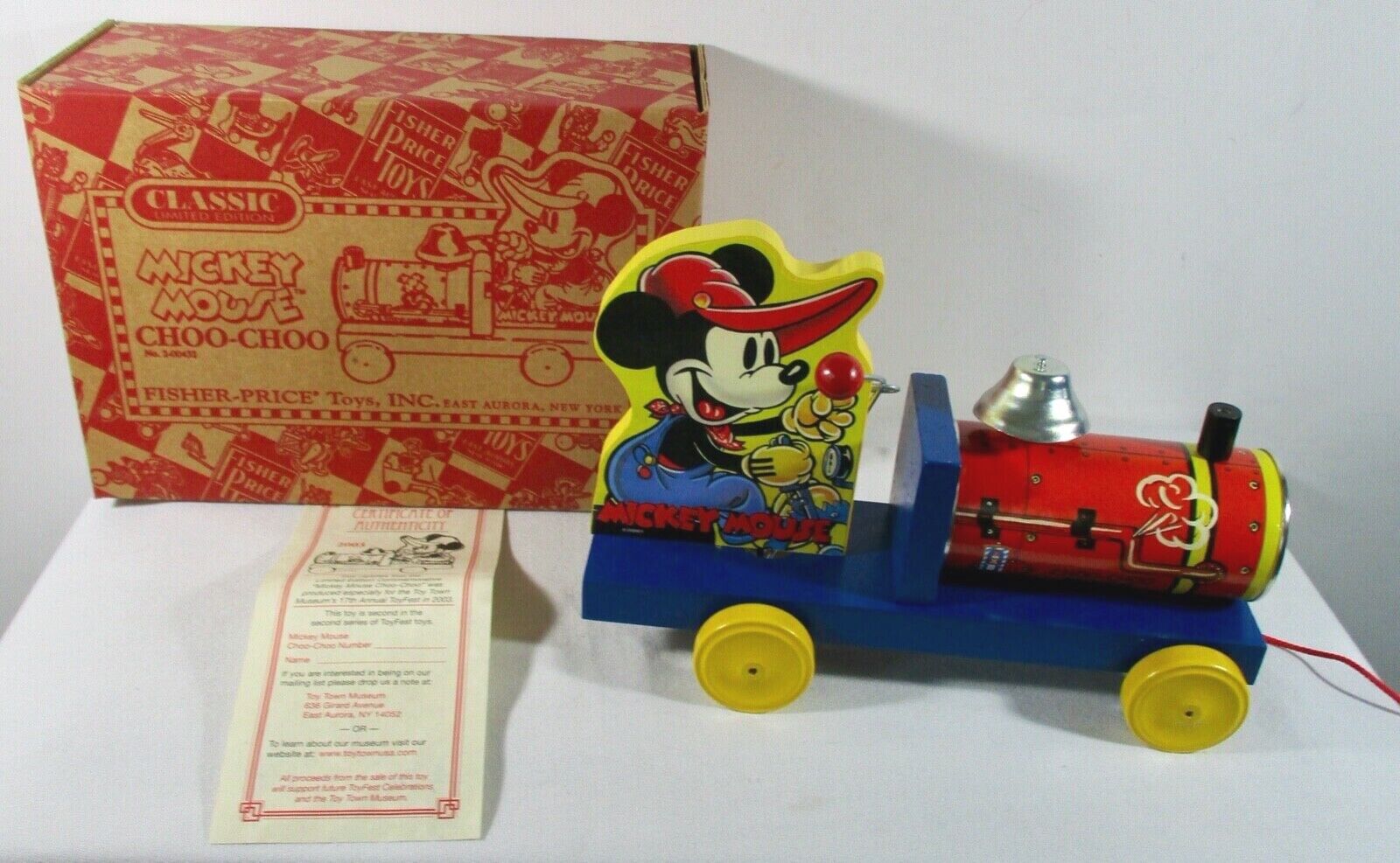 Fisher Price Classic Mickey Mouse Choo-choo Pull Toy W/ Box + Coa