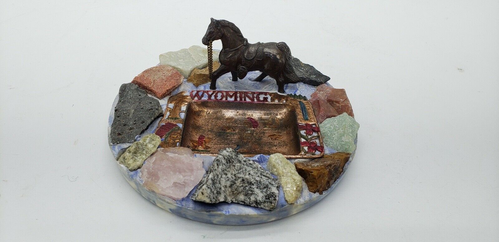Vintage Blue Marble Wyoming Souvenir Ashtray With Copper Inset And Horse
